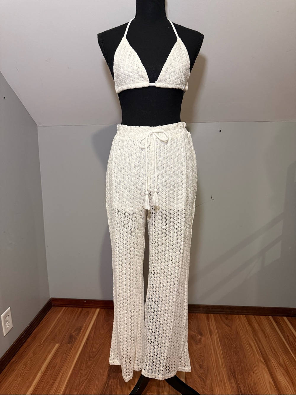 HYFVE Cream Crochet Wide-Leg Pants/bikini top set